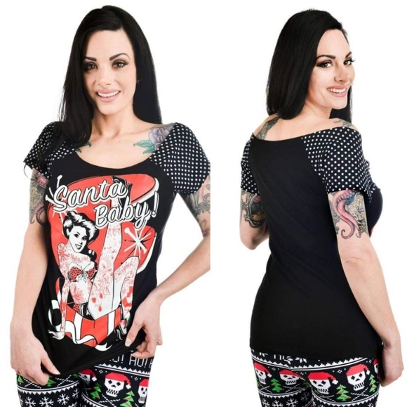 Too Fast Retro Santa Baby Christmas Tattooed Pinup Bikini Girl Top Polka Dot - Picture 4 of 8